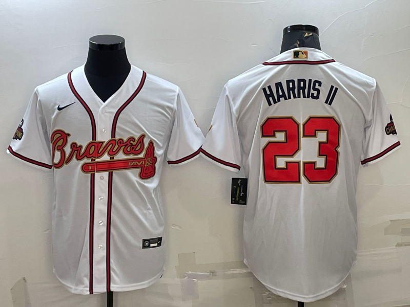 Men's Atlanta Braves #23 Michael Harris II White/Gold World Series Champions Program Cool Base Stitched Baseball Jersey Men's Atlanta Braves #23 Michael Harris II White/Gold World Series Champions Program Cool Base Stitched Baseball Jersey